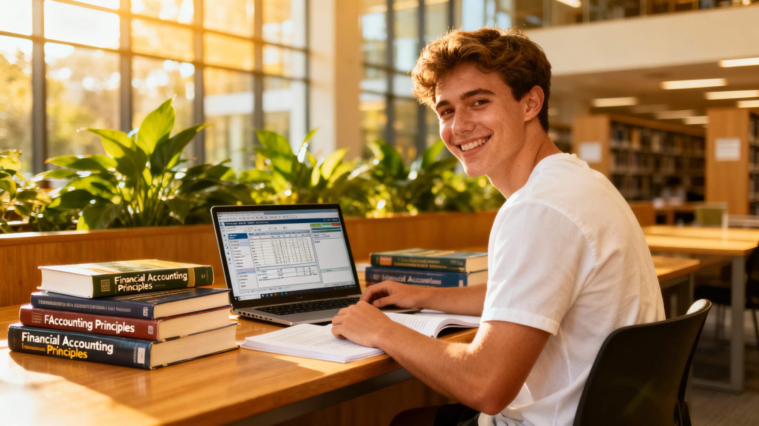 Happy and confident Australian student studying accounting at a desk with textbooks and laptop displaying accounting software, in a bright and modern academic environment.