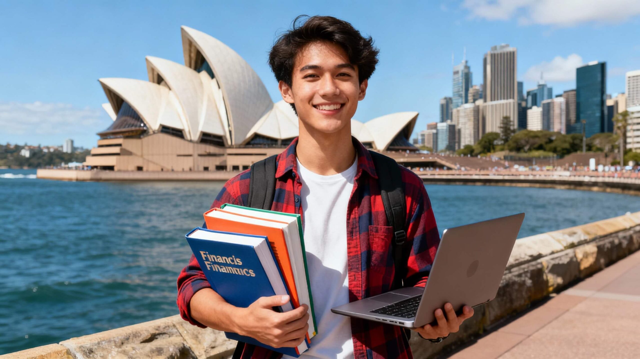 Smiling Australian student holding finance textbooks and laptop with Sydney Opera House in background
