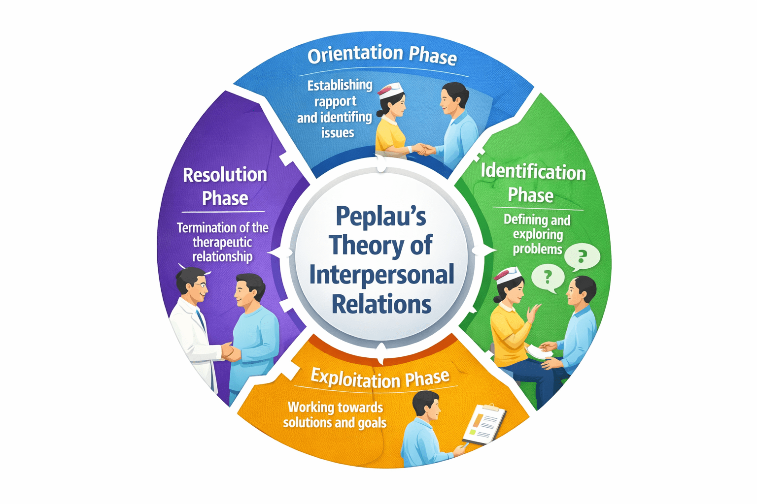 Peplau's Theory of Interpersonal Relations: Orientation, Identification, Exploitation, and Resolution phases